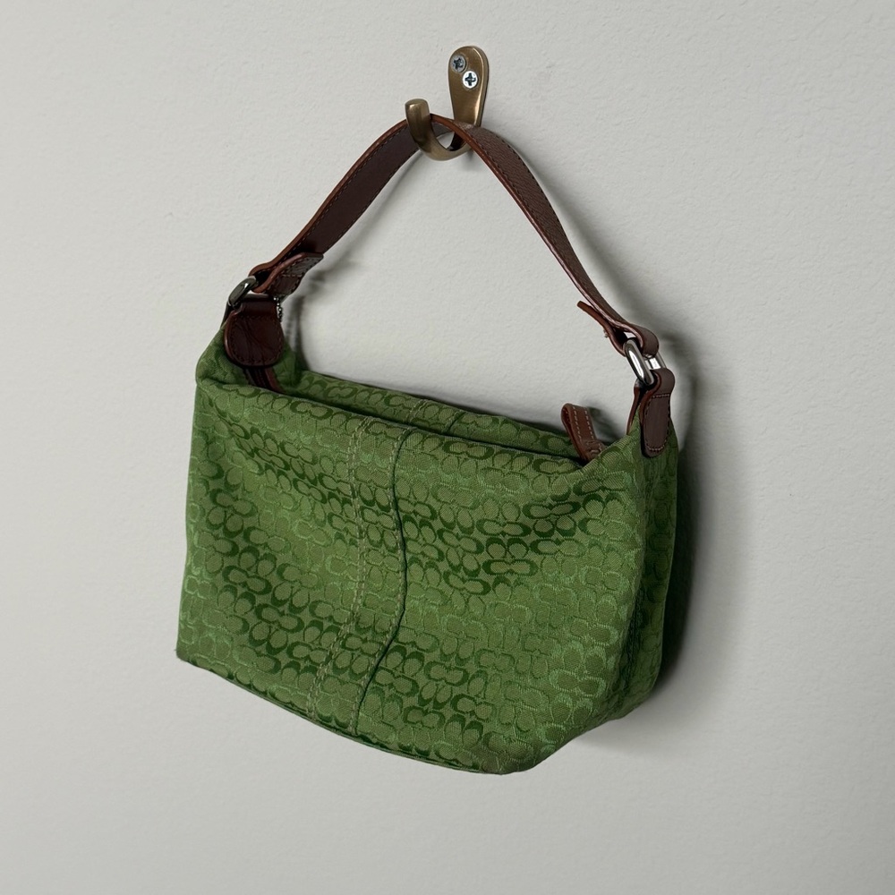 Coach Green Signature Jacquard Shoulder Bag with Brown Leather Strap